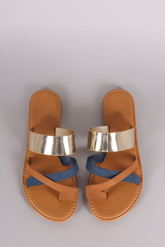 Bamboo Metallic Denim Strappy Toe Ring Flat Slip On Sandal