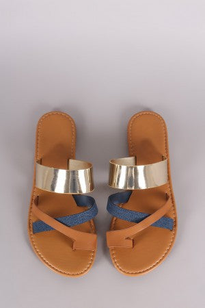 Bamboo Metallic Denim Strappy Toe Ring Flat Slip On Sandal