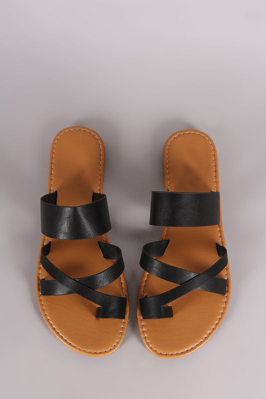 Bamboo Leather Strappy Toe Ring Flat Slip On Sandal