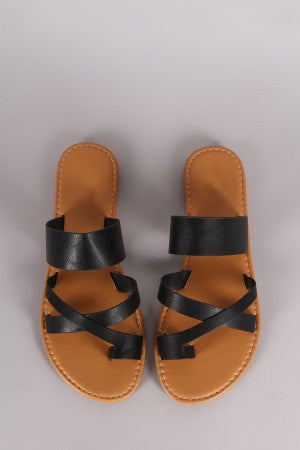 Bamboo Leather Strappy Toe Ring Flat Slip On Sandal