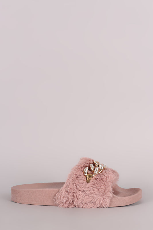 Bamboo Rhinestone Chain Faux Fur Slide Sandal