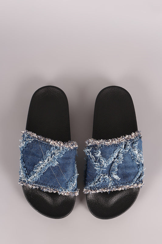 Frayed Patchwork Denim Slide Sandal