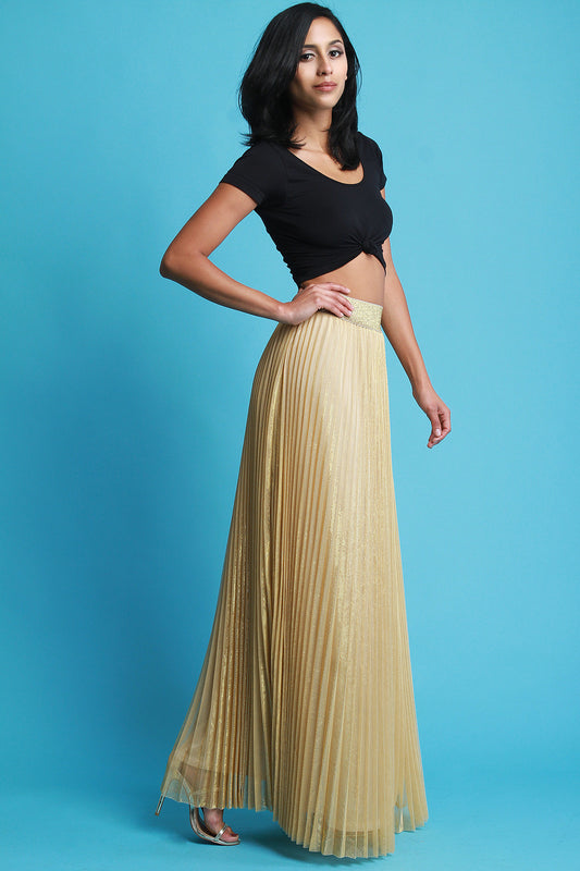 Gold Pleated Chiffon Maxi Skirt