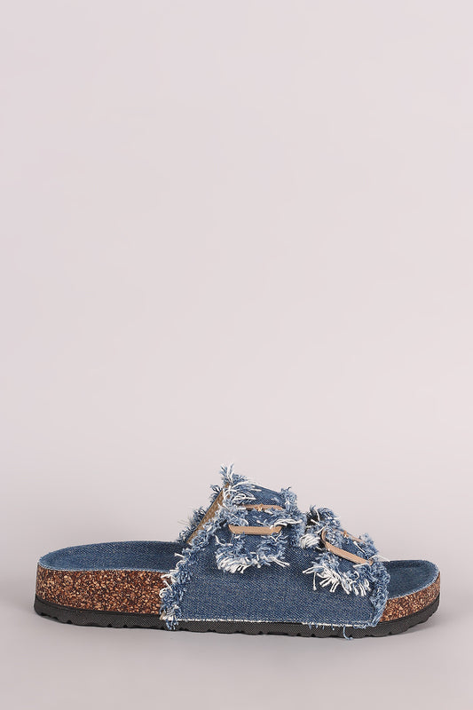 Frayed Denim Open Toe Buckled Cork Footbed Slide Sandal