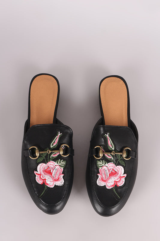 Qupid Leather Floral Applique Horsebit Mule Flat