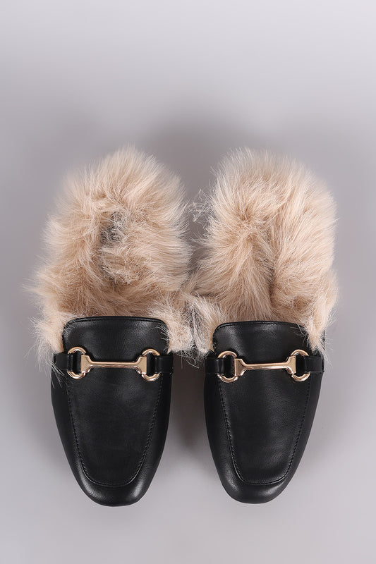 Horsebit Ornament Accent Fur Lined Slide-On Mules