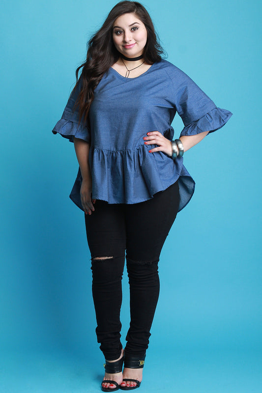 Lattice Weave Back Chambray Ruffle Top