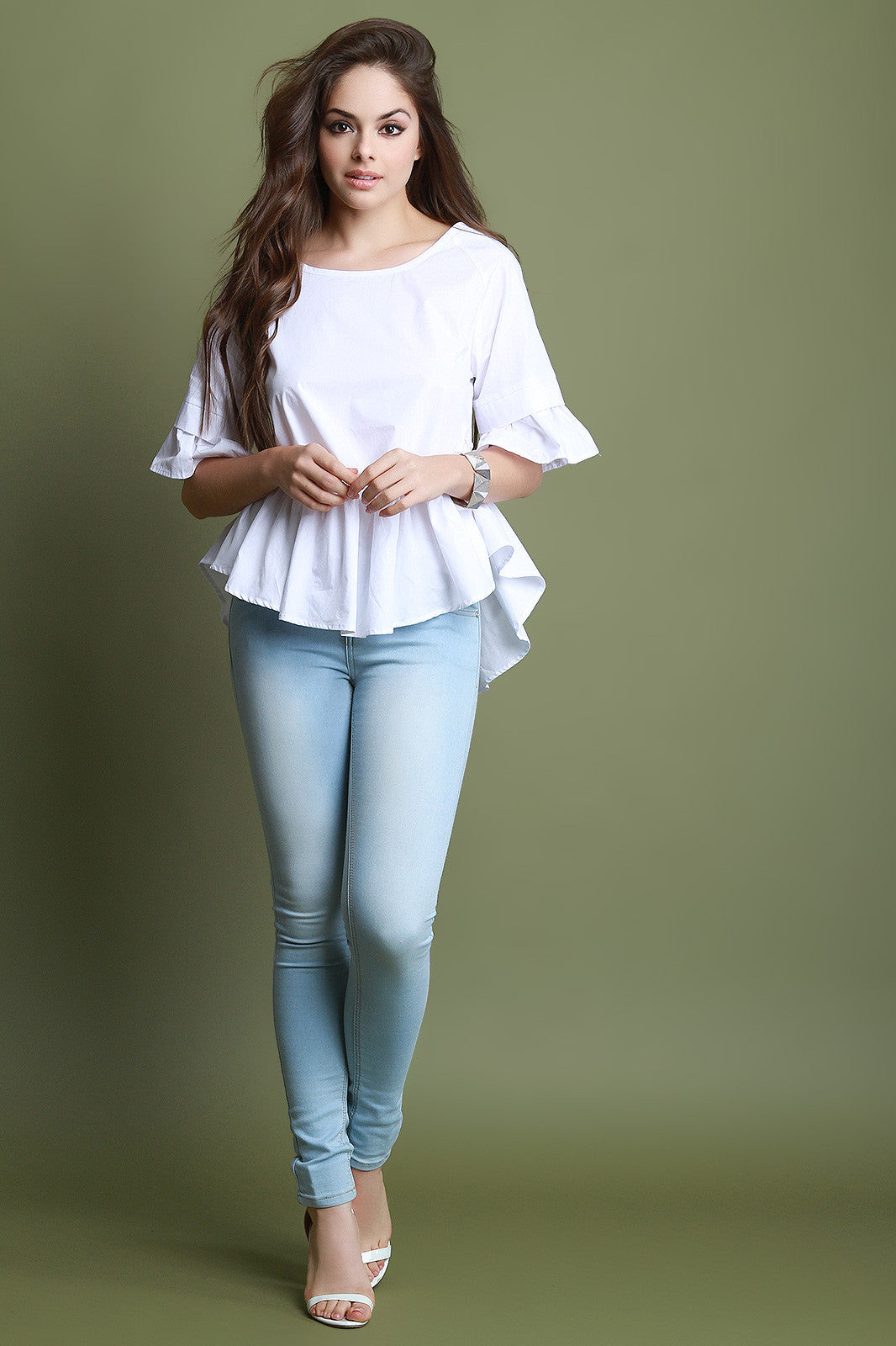 Boat Neck Lattice Weave Back Ruffle Top