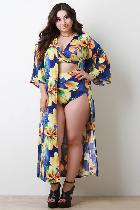 Tropical Floral Open Front Longline Kimono Cardigan