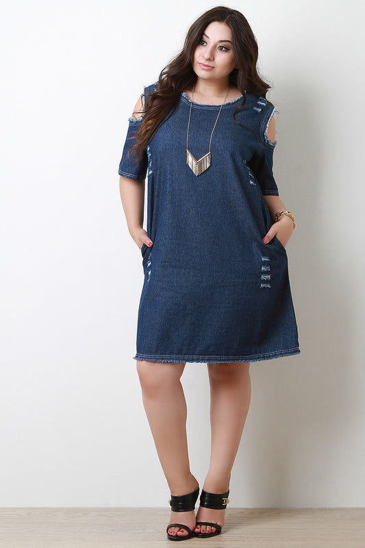 Frayed Distressed Denim Cold Shoulder Shift Dress