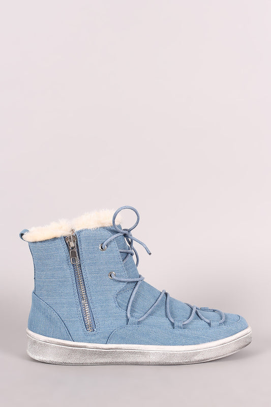 Double Side Zip Denim High Top Lace-Up Sneaker