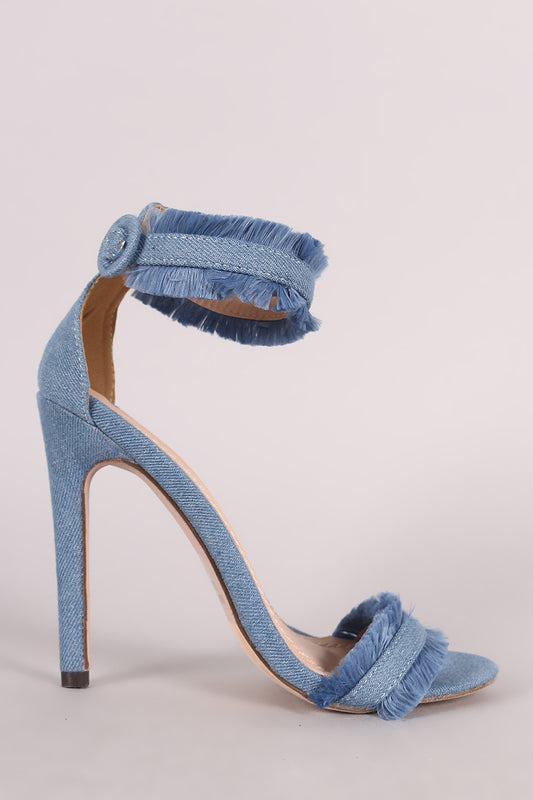 Frayed Denim Open Toe Ankle Strap Single Sole Stiletto Heel