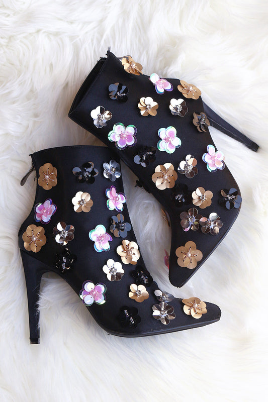 Floral Applique Satin Pointy Toe Booties
