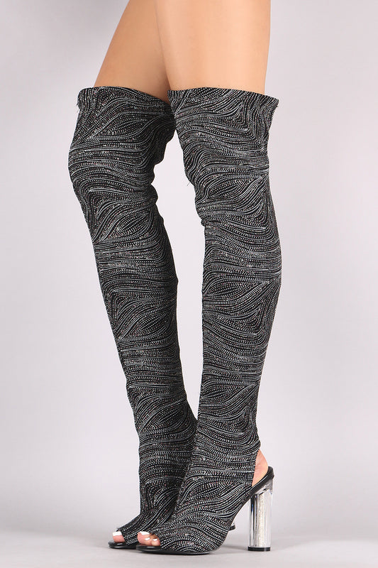 Glitter Patterned Clear Heeled Over-The-Knee Boots