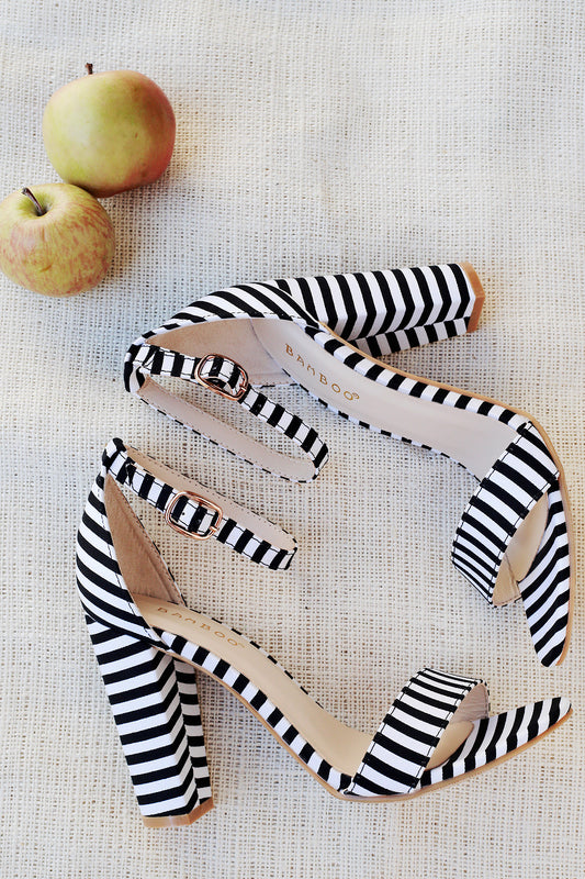 Bamboo Striped Canvas Open Toe Ankle Strap Chunky Heel