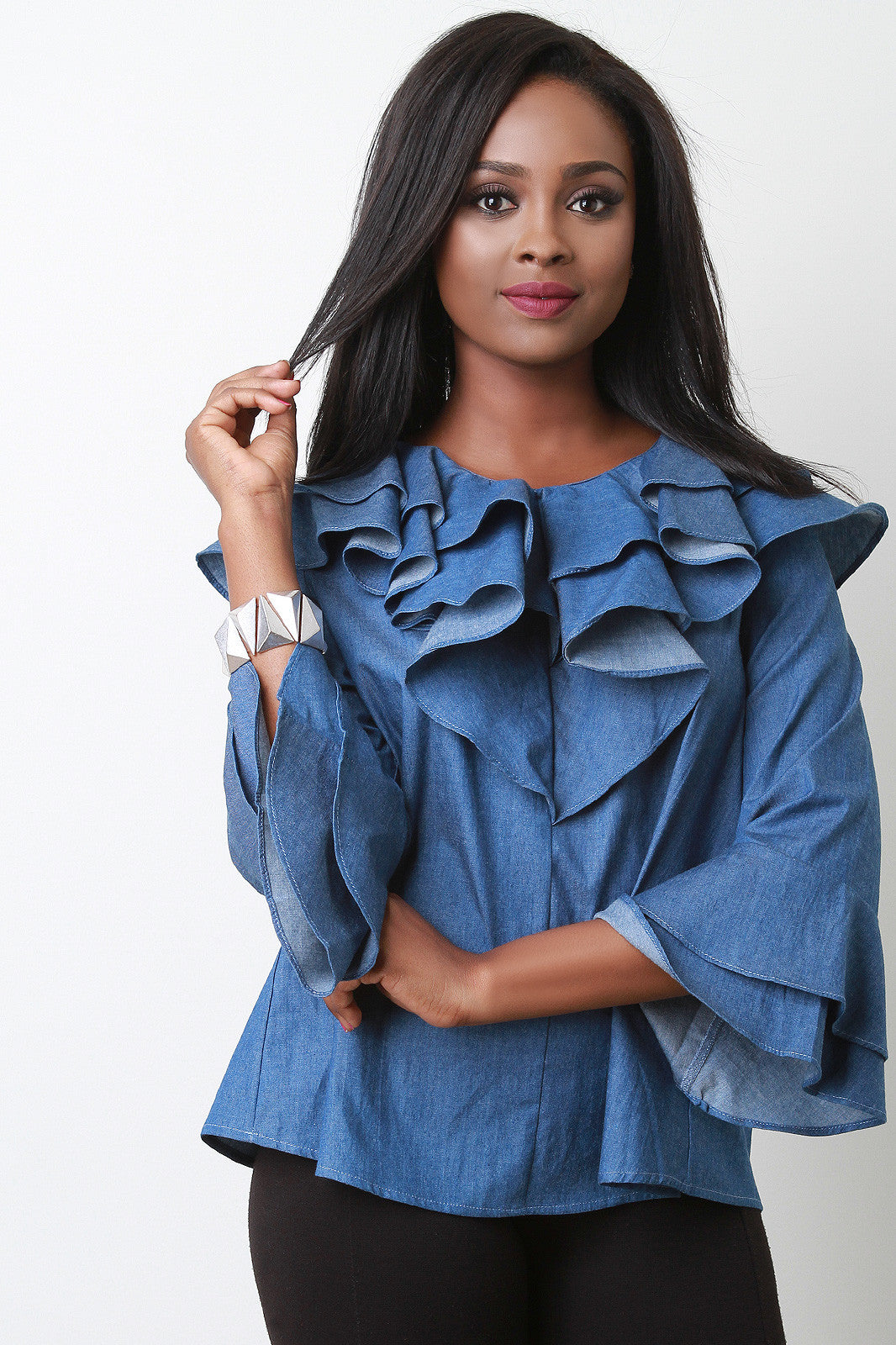 Chambray Denim Ruffled Long Sleeve Top