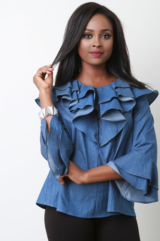 Chambray Denim Ruffled Long Sleeve Top