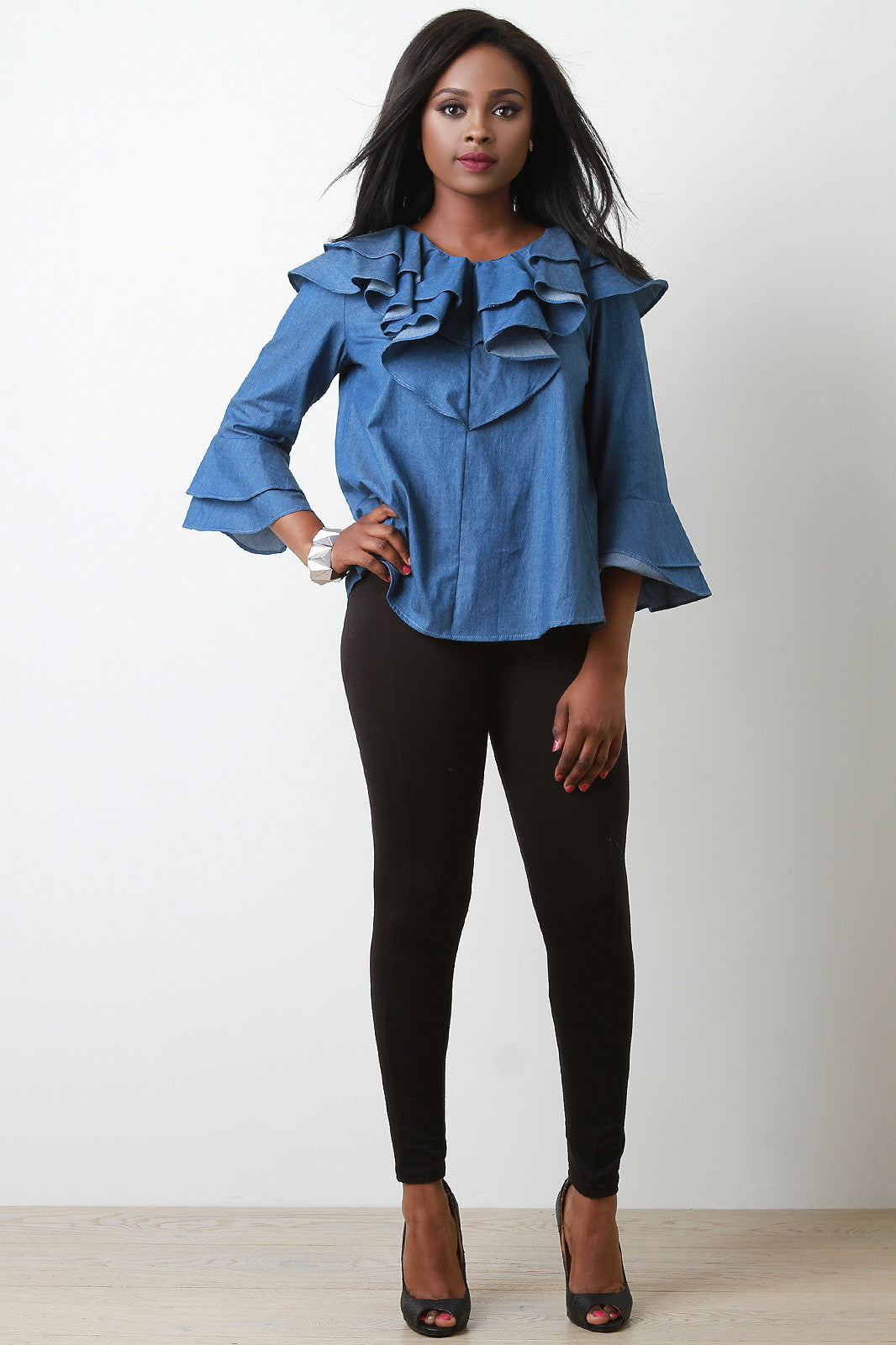 Chambray Denim Ruffled Long Sleeve Top