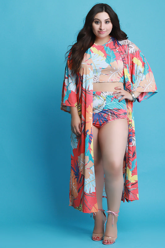Tropical Leaf Open Front Longline Kimono Cardigan