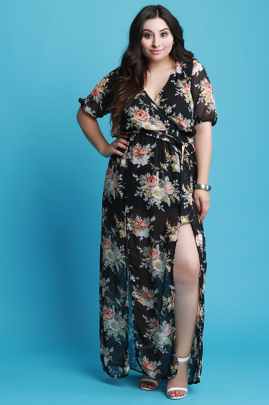 Surplice Floral Chiffon Waist Sash Double Slit Maxi Dress
