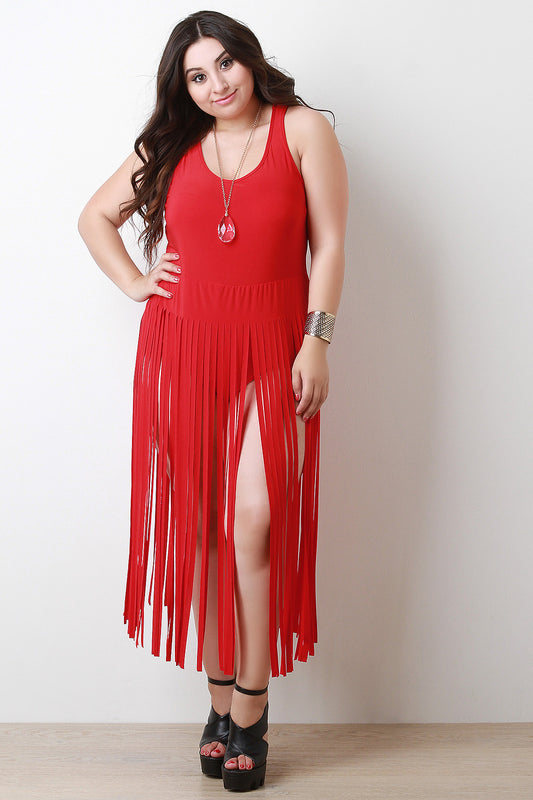 Fringe Sleeveless Bodysuit Maxi Dress