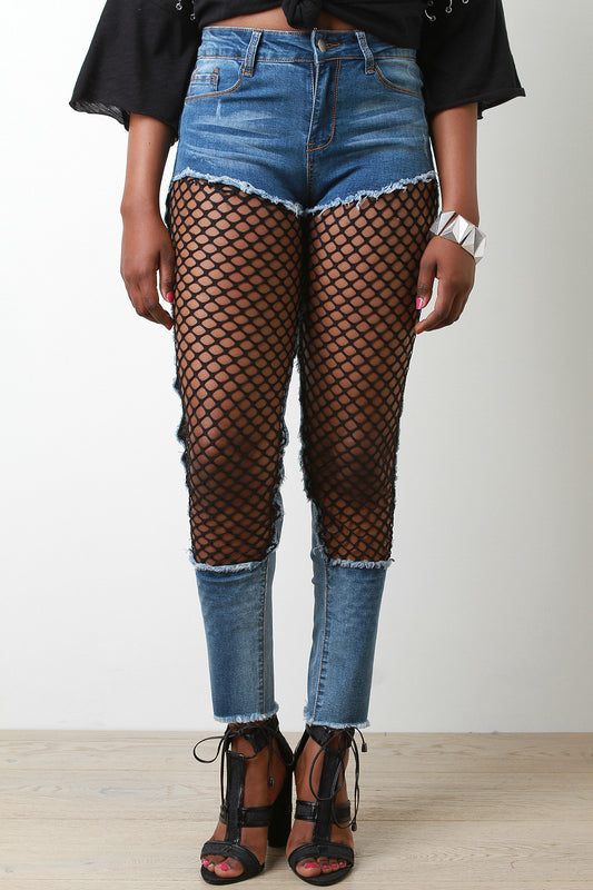Diamond Fishnet Cutout Panel High Waisted Denim Jeans