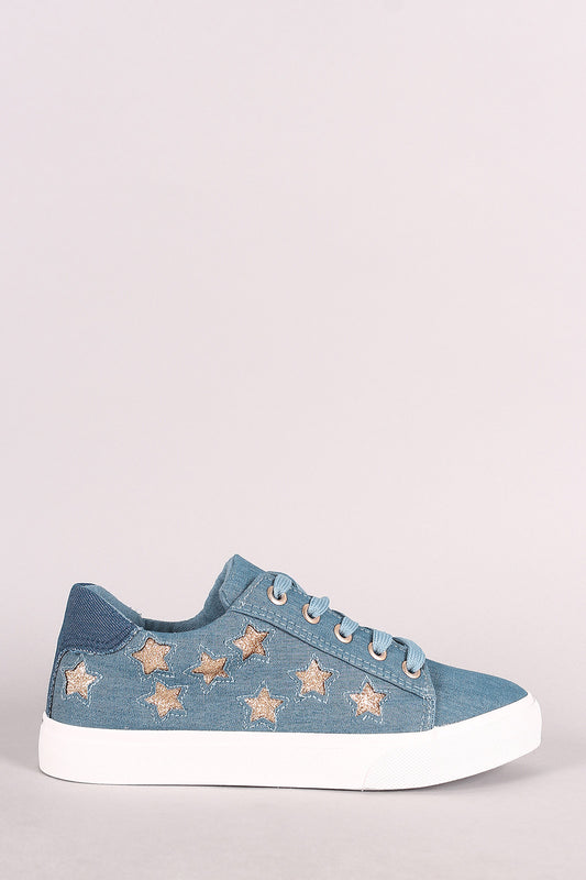 Glitter Stars Accent Denim Lace Up Sneaker