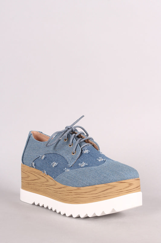 Distressed Denim Lace Up Lug Sole Oxford Platform Wedge
