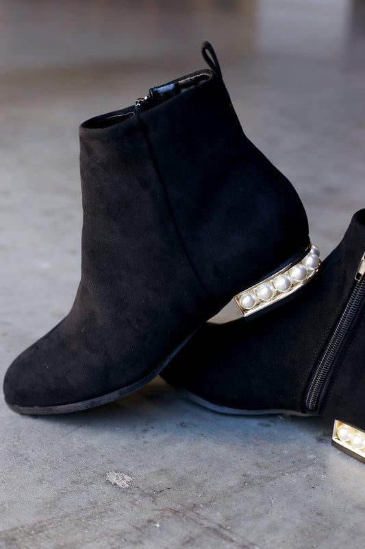 Qupid Suede Faux Pearl Heeled Booties