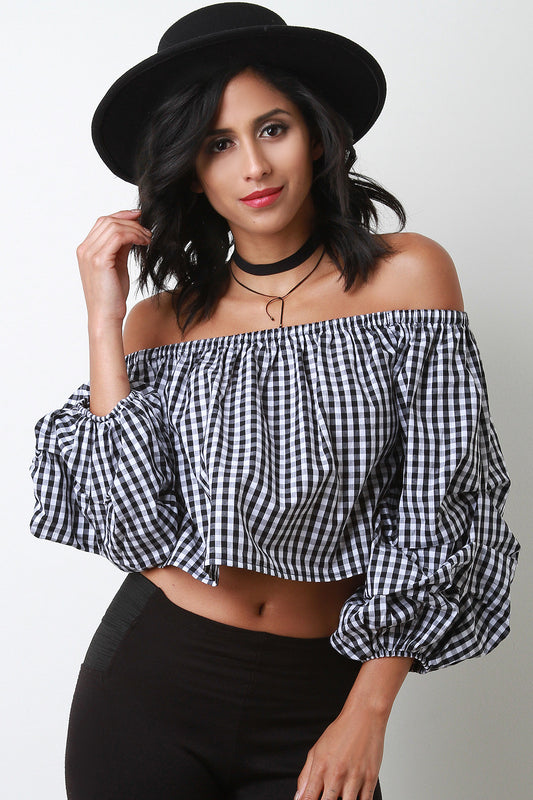 Gingham Off-The-Shoulder Balloon Sleeve Top