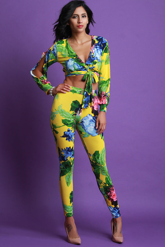Floral Print Surplice Crop Top With High Waisted Taper Pants Set