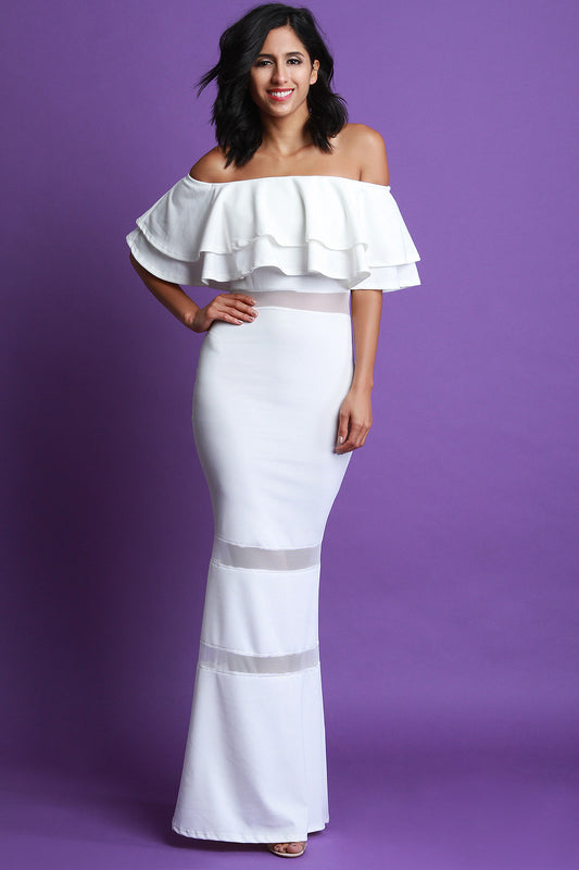 Ruffle Tiered Bardot Mesh Inset Mermaid Maxi Dress