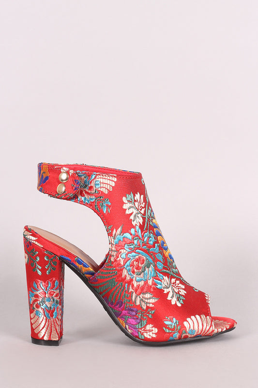 Bamboo Satin Floral Brocade Peep Toe Chunky Mule Booties
