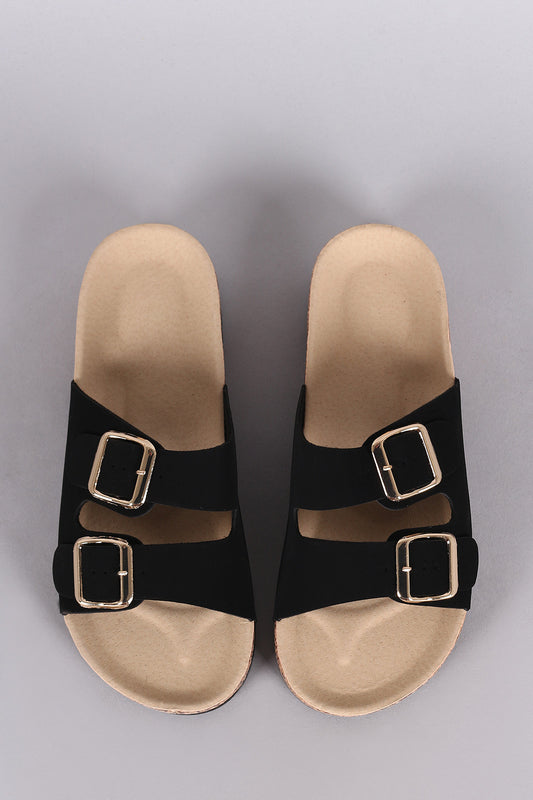 Bamboo Nubuck Open Toe Buckled Cork Footbed Slide Sandal