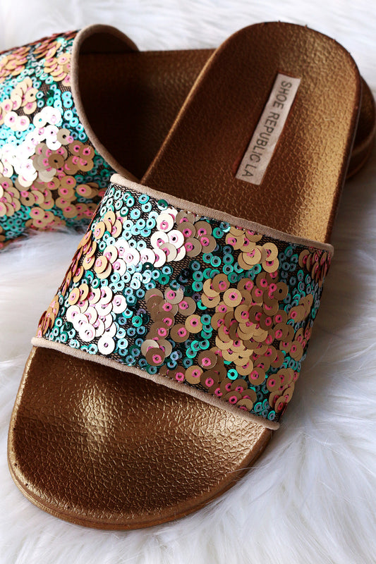 Shoe Republic LA Sequin Open Toe Slide Sandal