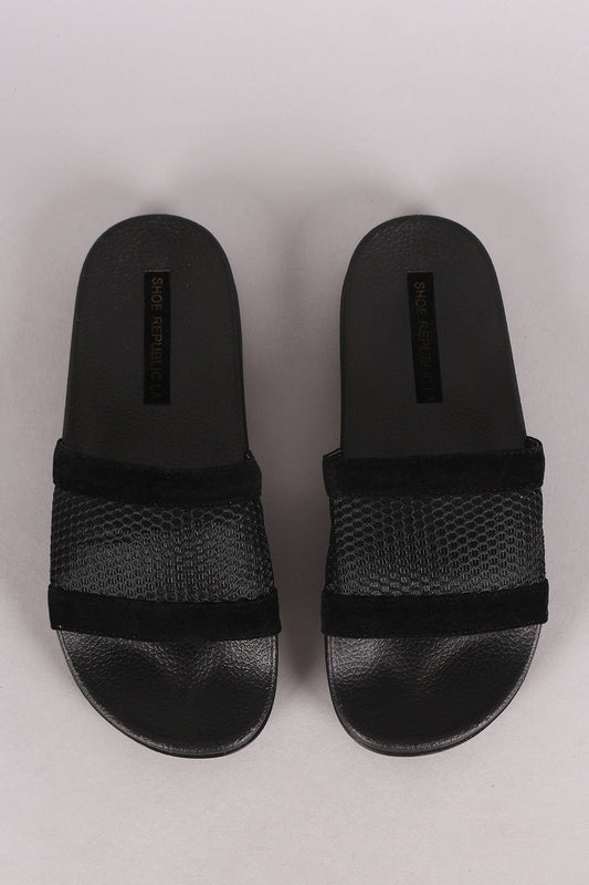 Shoe Republic LA Velvet Fishnet Mesh Open Toe Slide Sandal