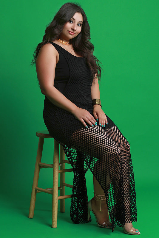 Fishnet Mesh Overlay Double Slit Maxi Dress