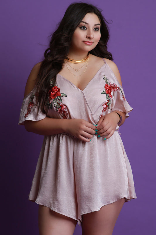 Satin Floral Applique Cold Shoulder Surplice Romper