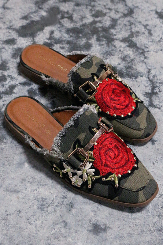 City Classified Embroidered Floral Frayed Denim Mule Flat