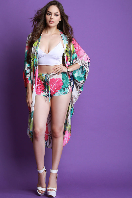 Monstera Leaf Print Cardigan With Shorts Set