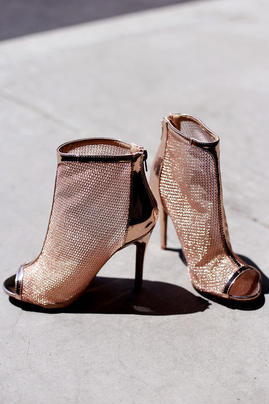 Qupid Metallic Trim Mesh Peep Toe Stiletto Booties