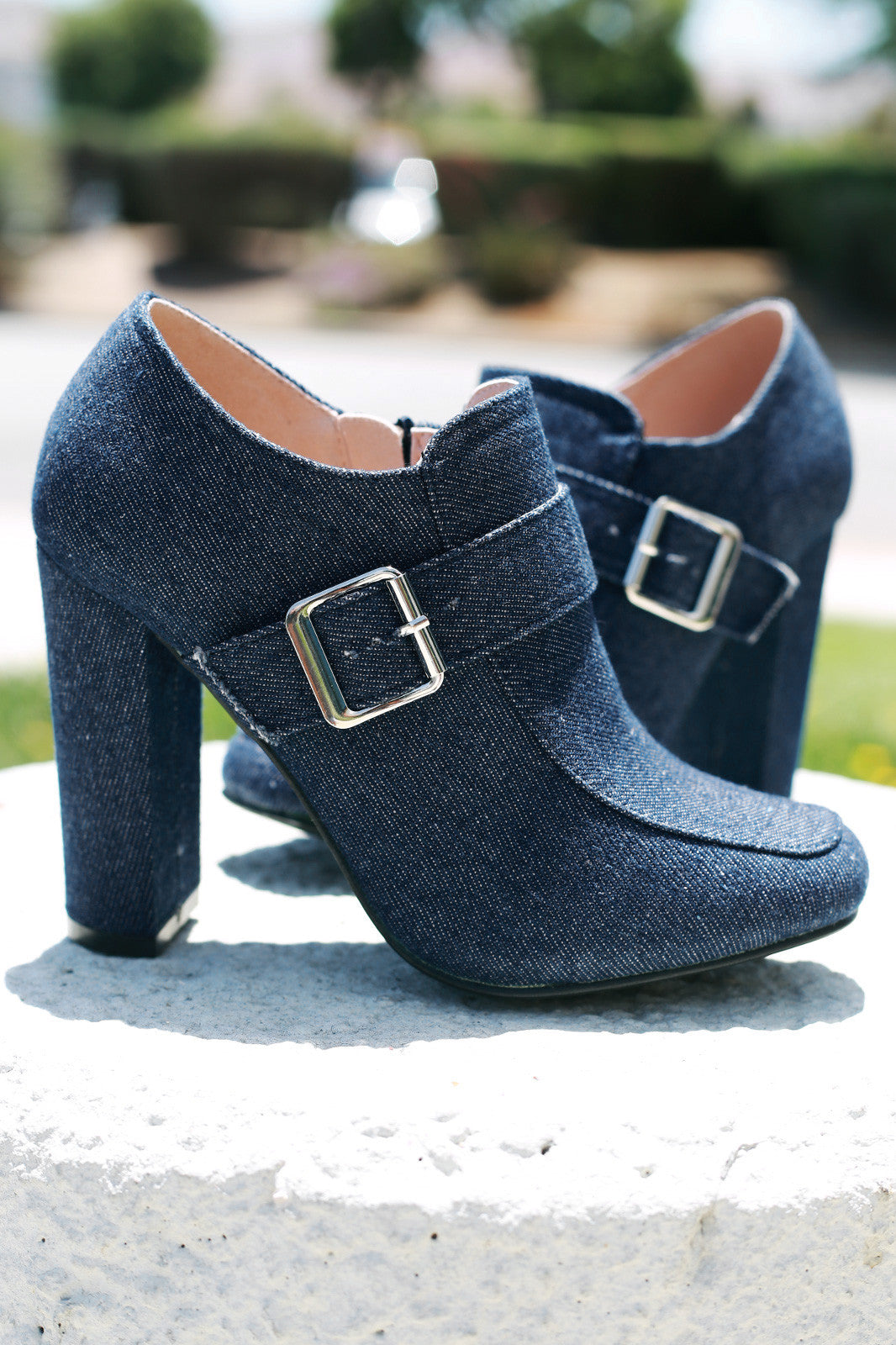 Buckle Accent Denim Chunky Heeled Booties