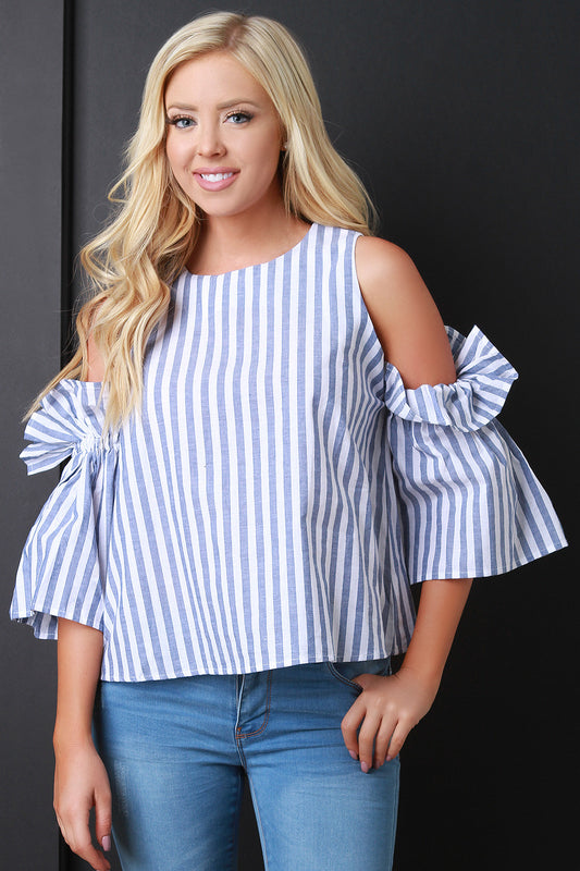 Striped Cold Shoulder Ruffle Sleeve Top