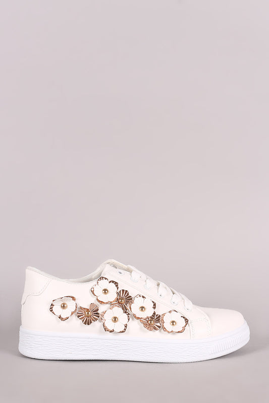 Floral Applique Round Toe Lace-Up Sneaker