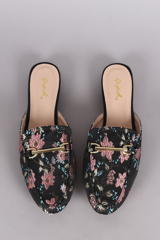 Qupid Floral Brocade Horsebit Slip On Mule Flat