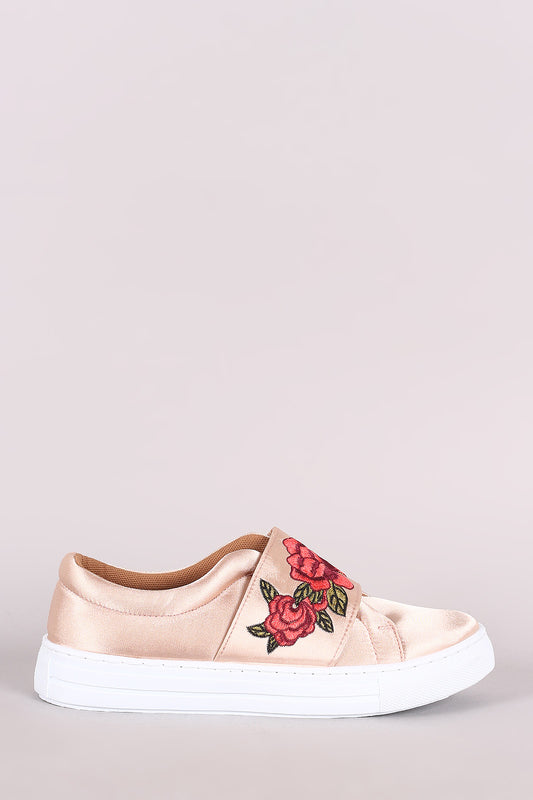 Qupid Satin Embroidered Floral Slip-On Sneaker