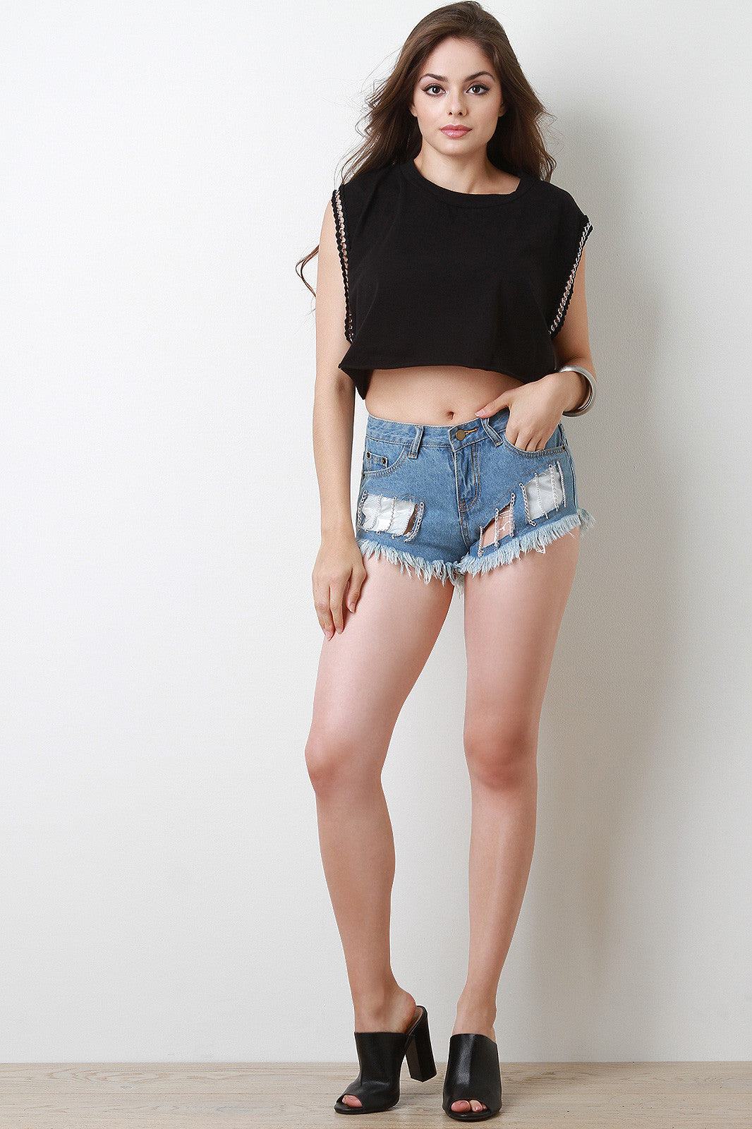 Chain Accent Clear Inset Frayed Distressed Denim Shorts