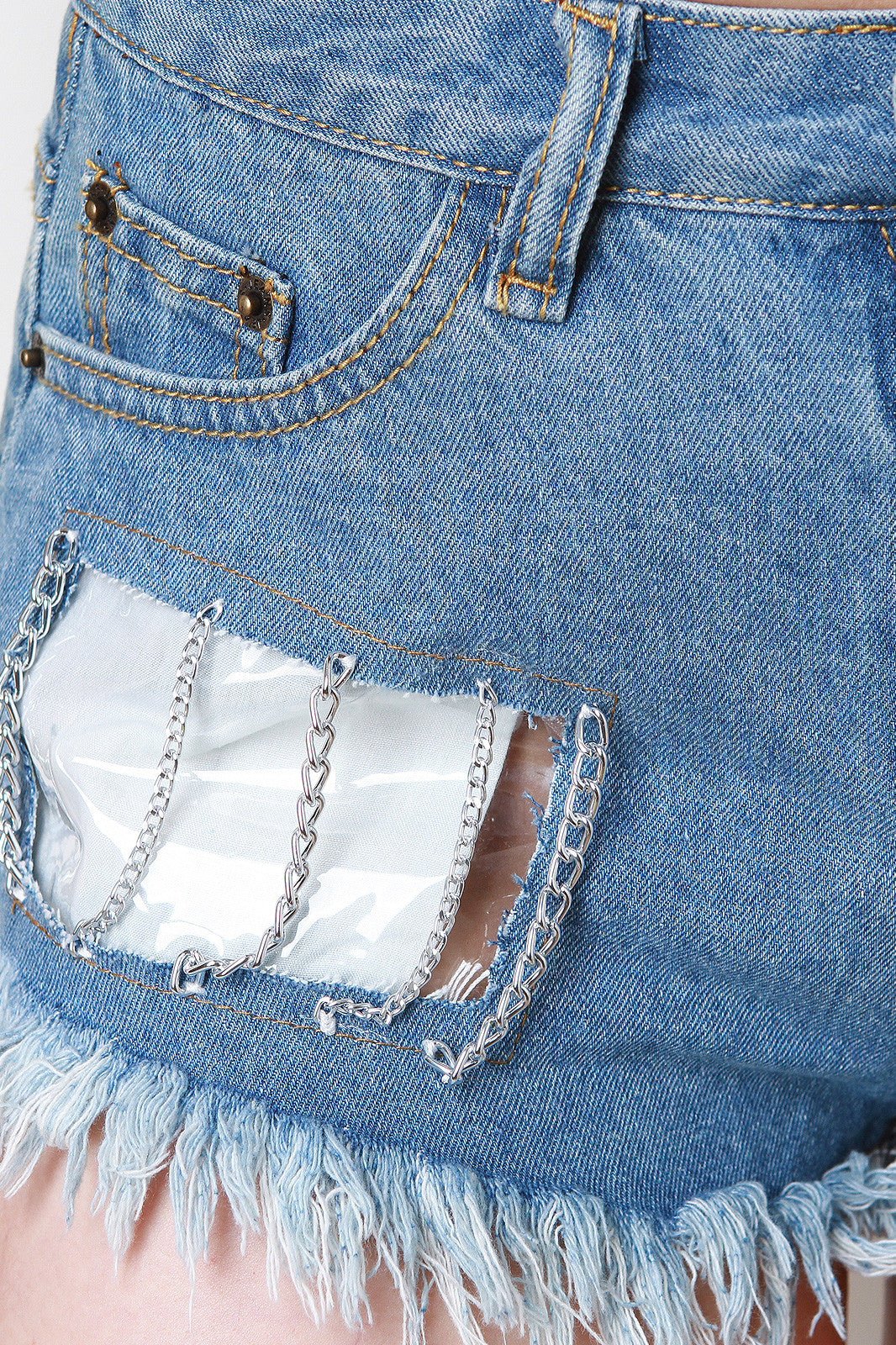 Chain Accent Clear Inset Frayed Distressed Denim Shorts
