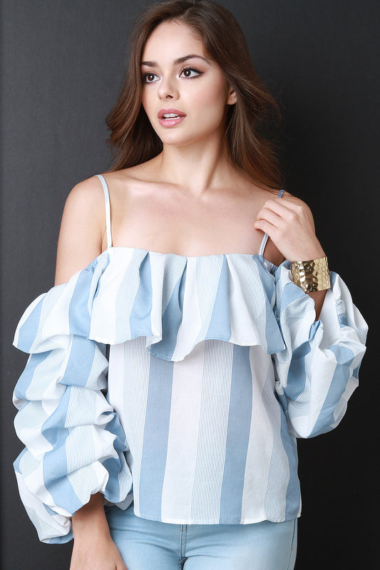 Stripe Off Shoulder Ruched Sleeves Top