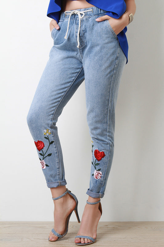 Floral Applique High Waisted Drawstring Denim Jeans